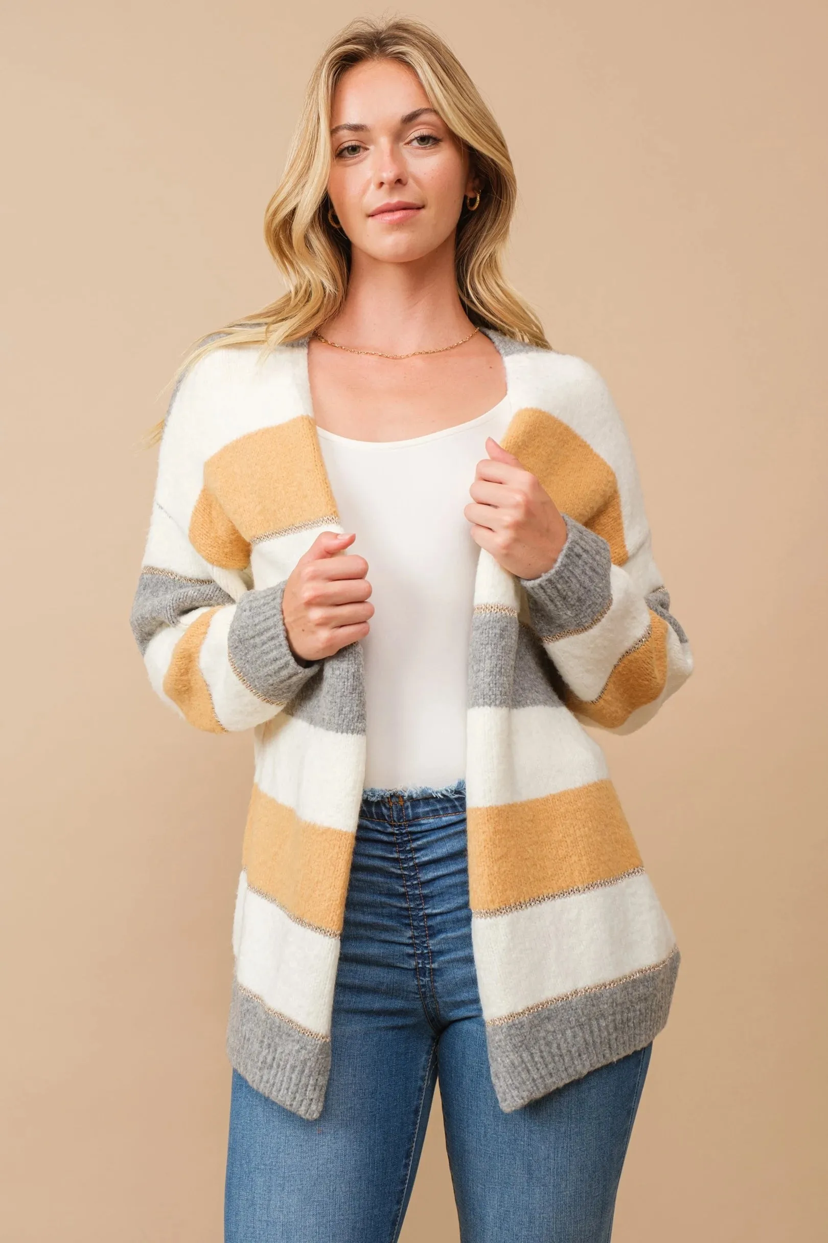 Color block open cardigan with lurex accent stripes