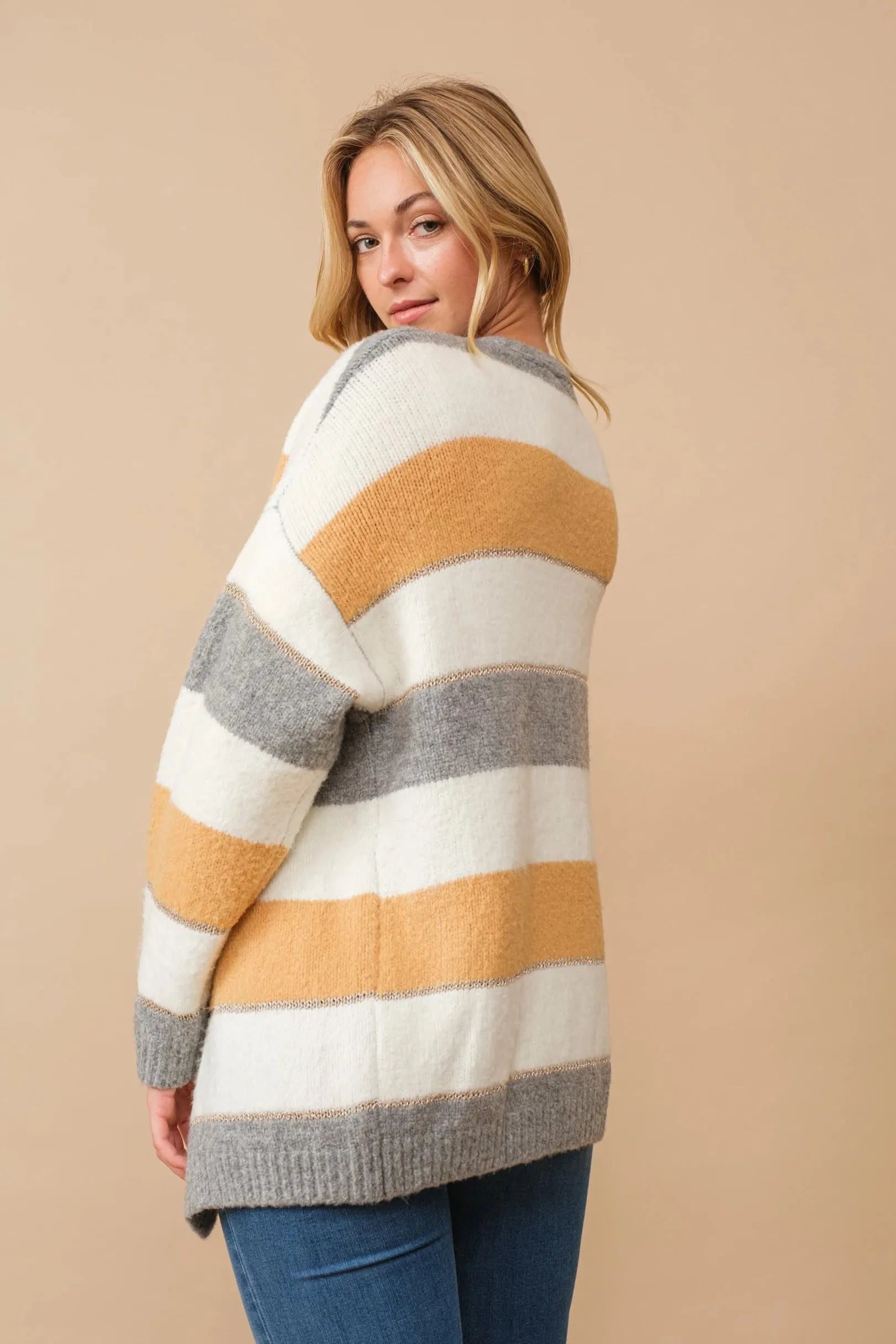 Color block open cardigan with lurex accent stripes