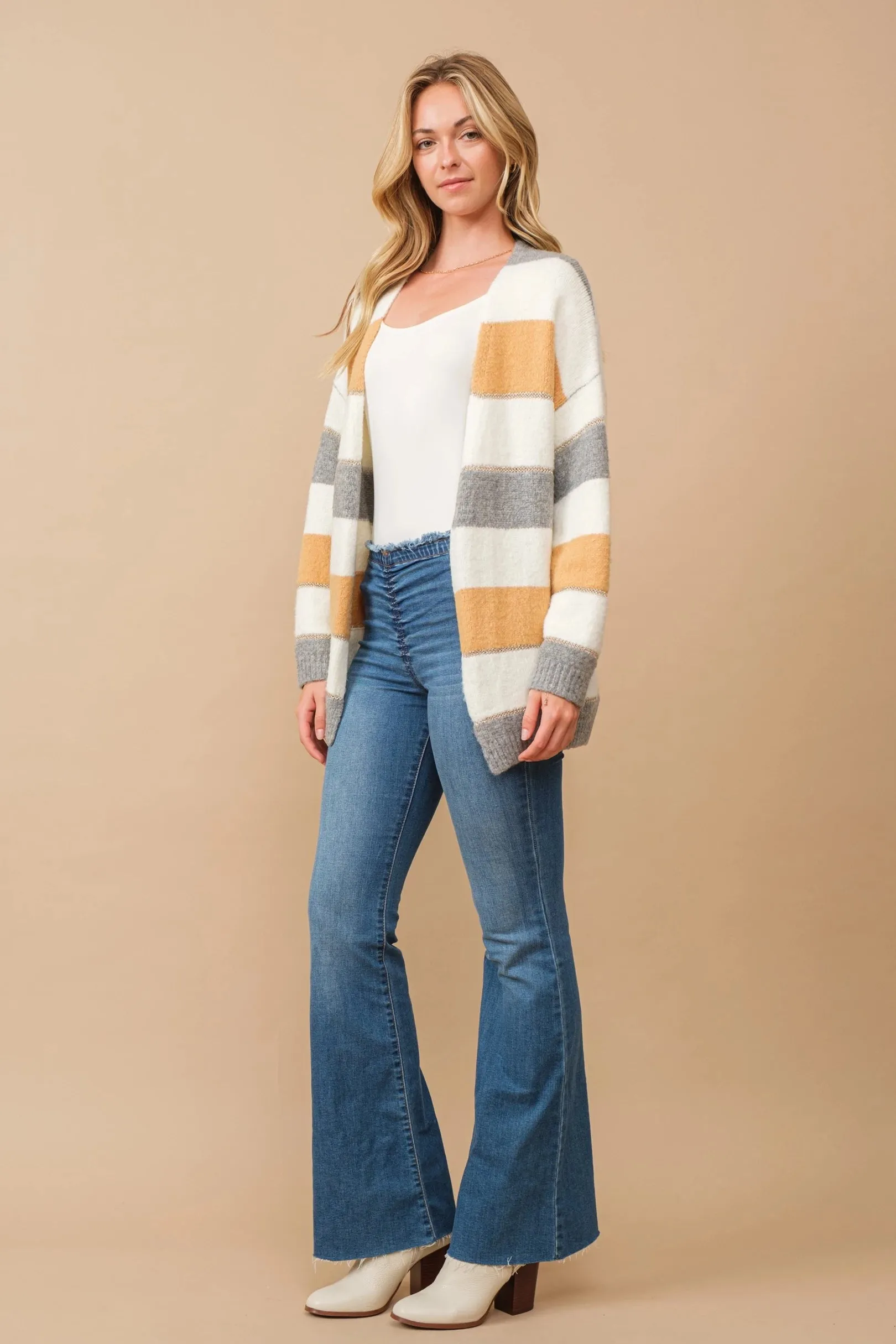 Color block open cardigan with lurex accent stripes