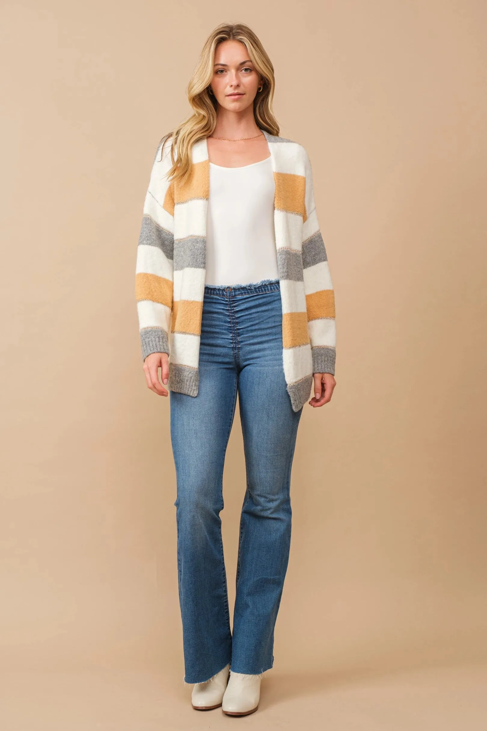 Color block open cardigan with lurex accent stripes