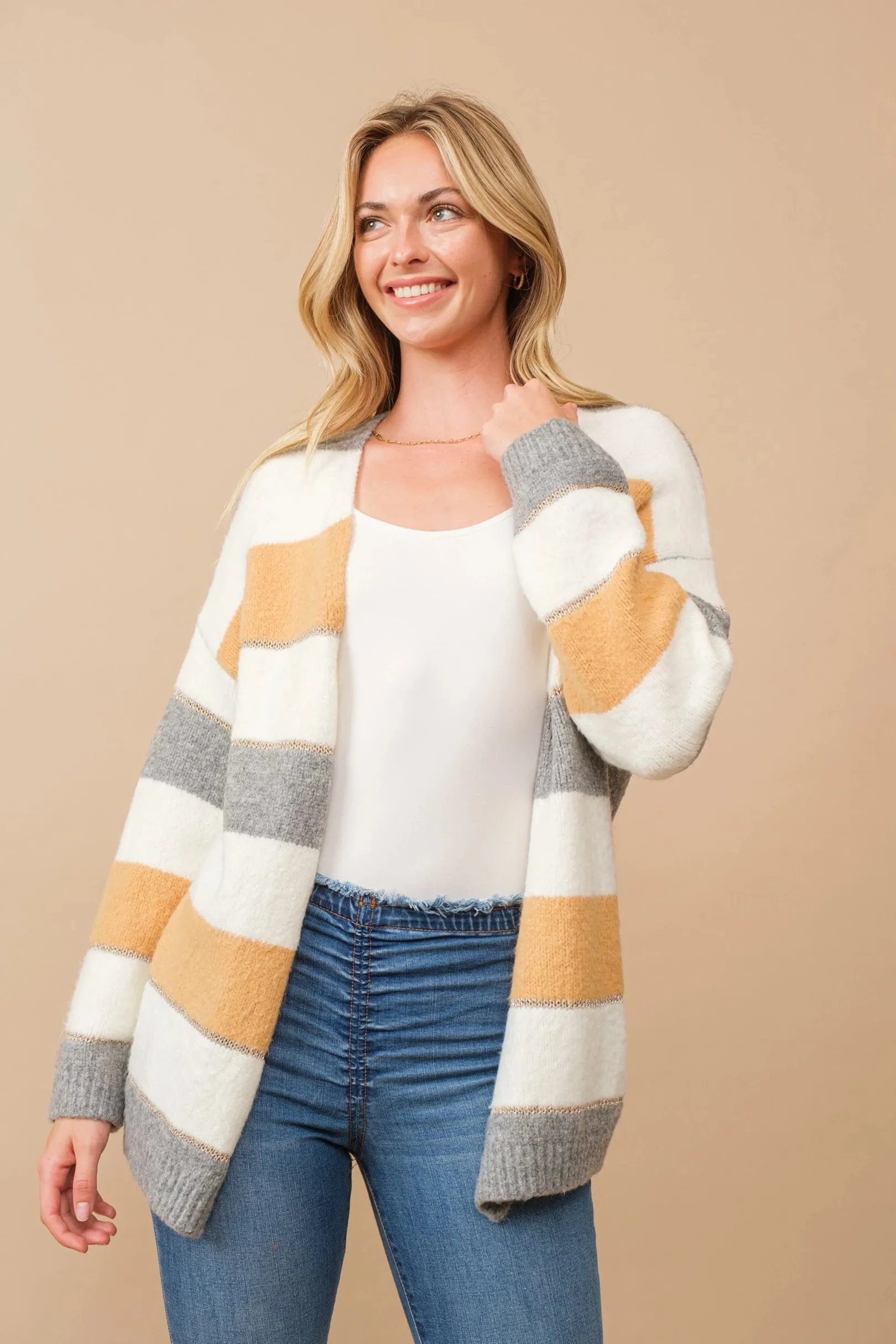 Color block open cardigan with lurex accent stripes