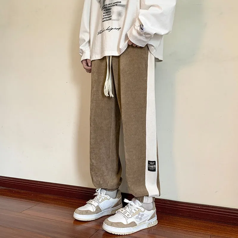 Corduroy Men's Joggers Pants Streetwear Side Patchwork Man Cargo Pants 2023 High Wasit Man Oversized Sweatpants