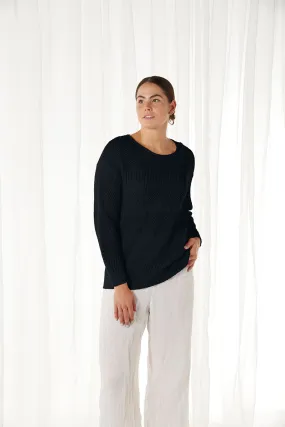 Crochet Look Crew Neck Pullover in Midnight BL3213 by Bridge & Lord