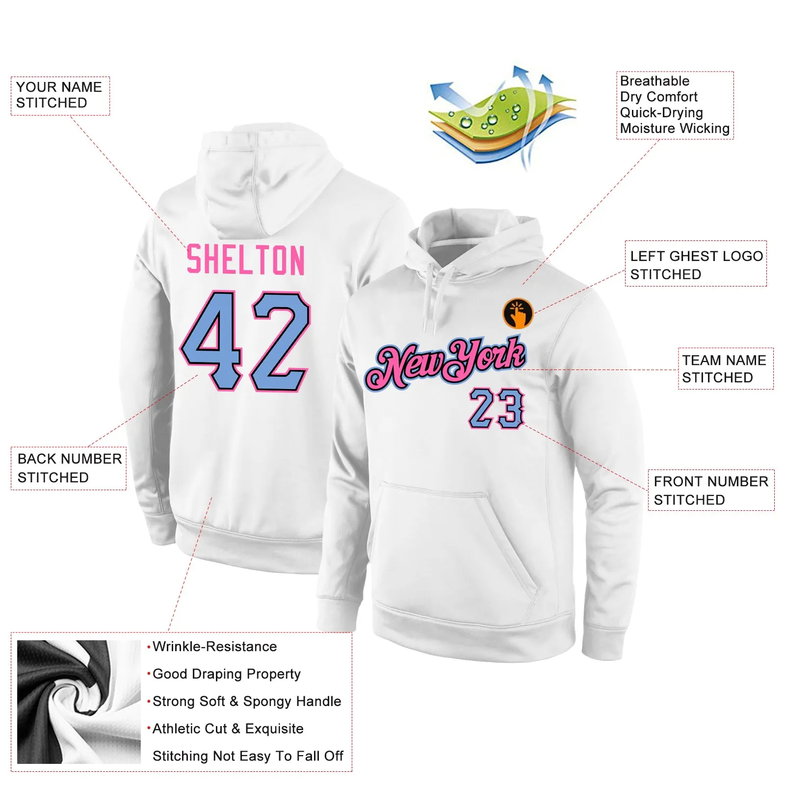 Custom Stitched White Light Blue-Pink Sports Pullover Sweatshirt Hoodie