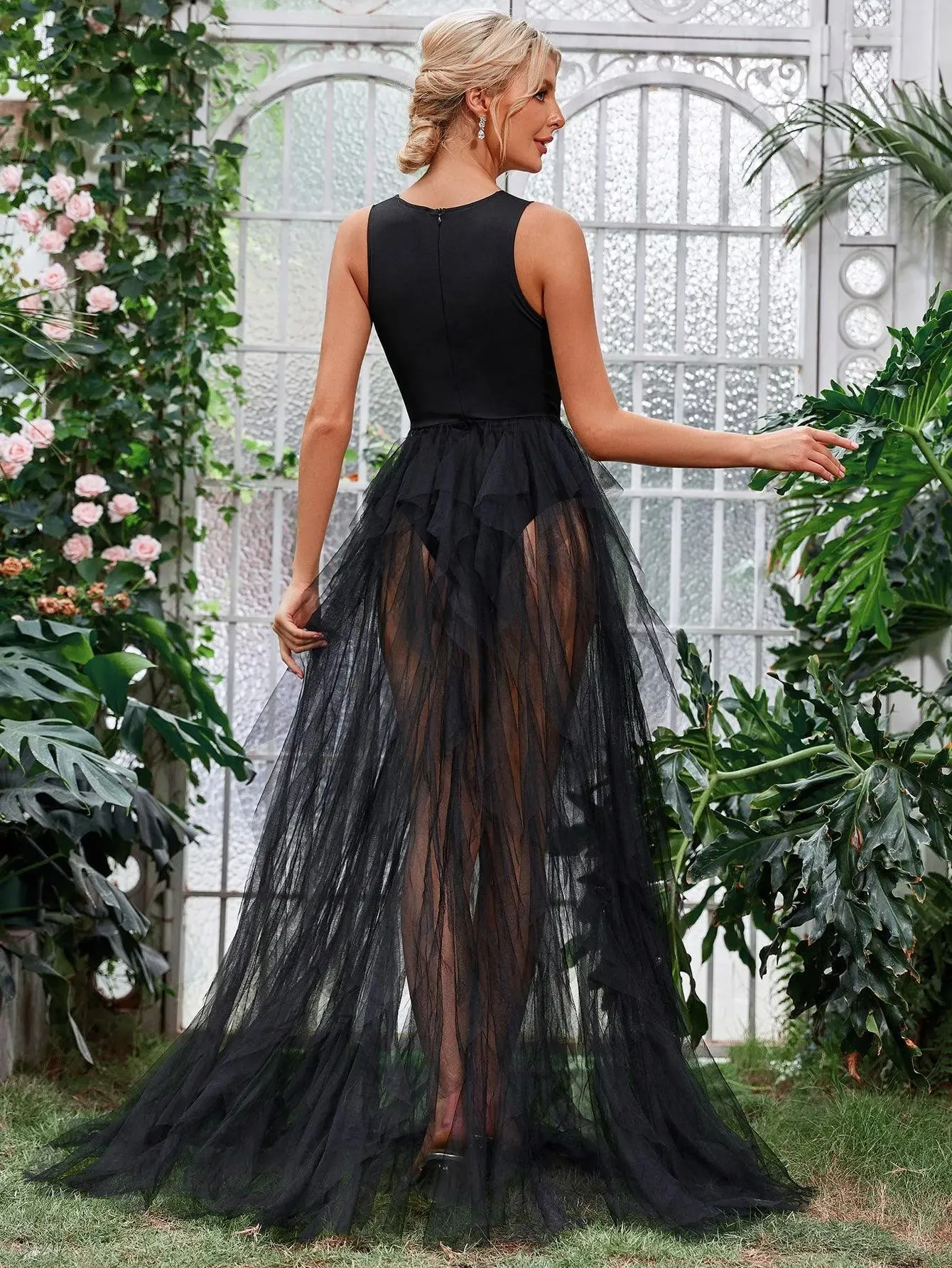 Cut Out Waist Layered Tulle A Line Dress