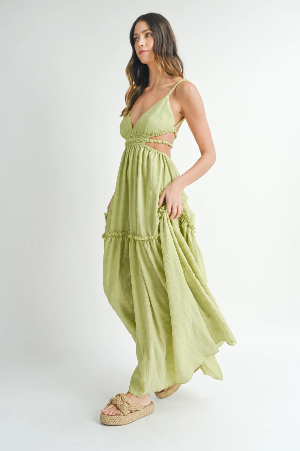 Cutout Waist Backless Maxi Dress - Green