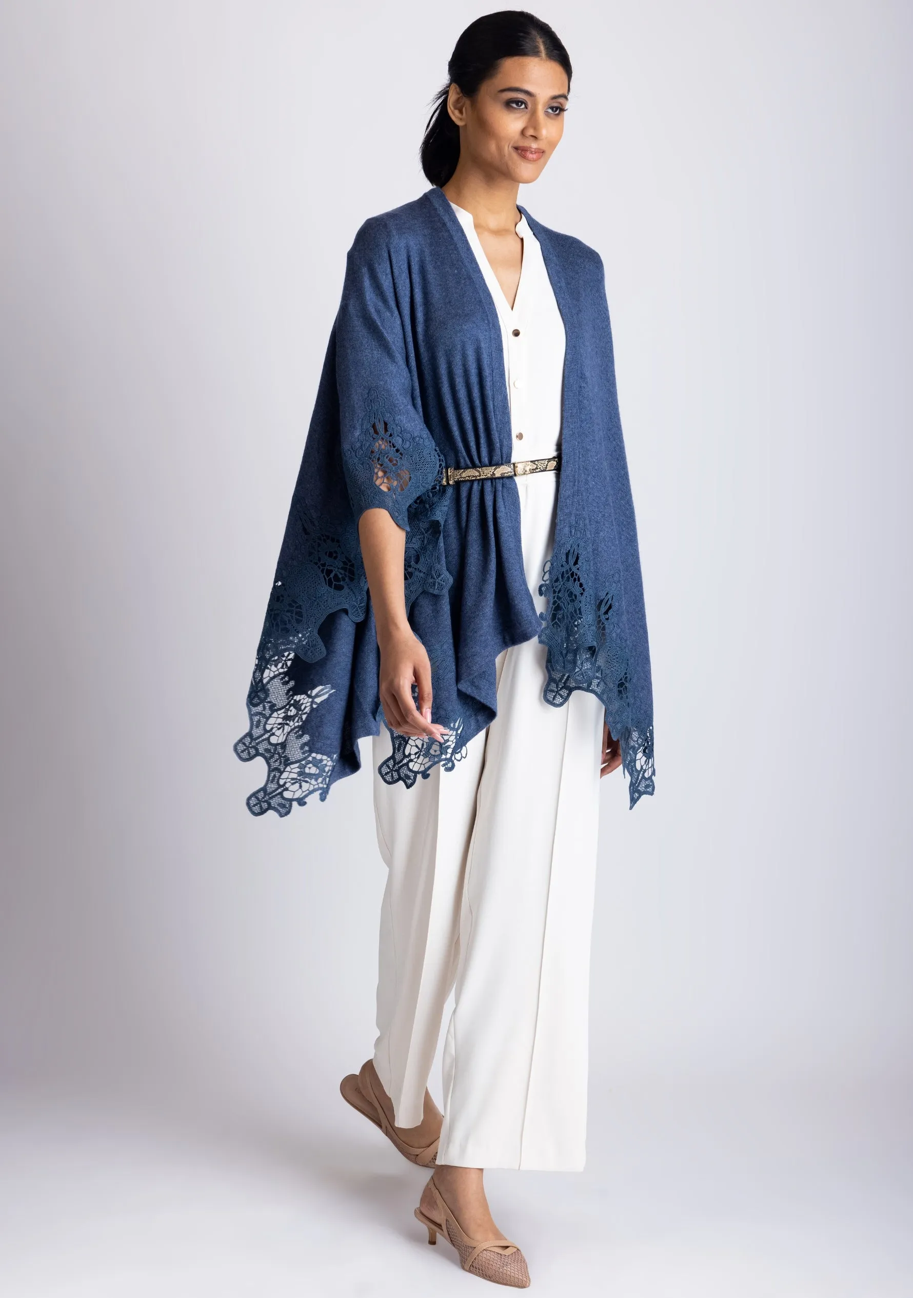 Denim Melange Knitted Fine Wool Cape with Denim Lace Application