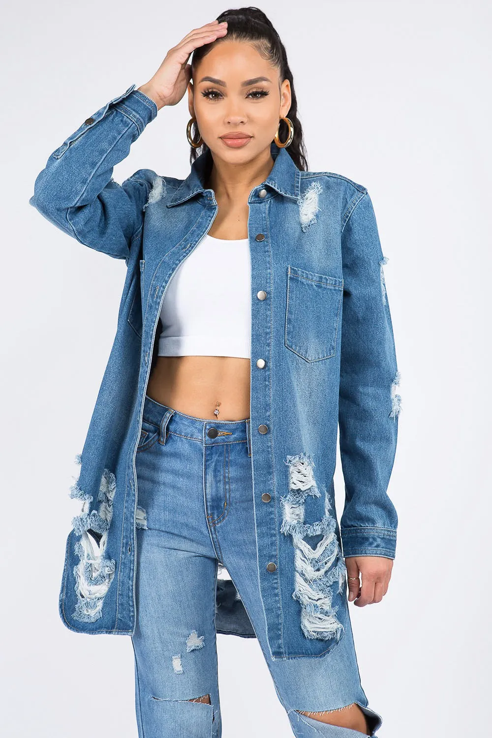 Distressed Button Down Denim Shirt Jacket