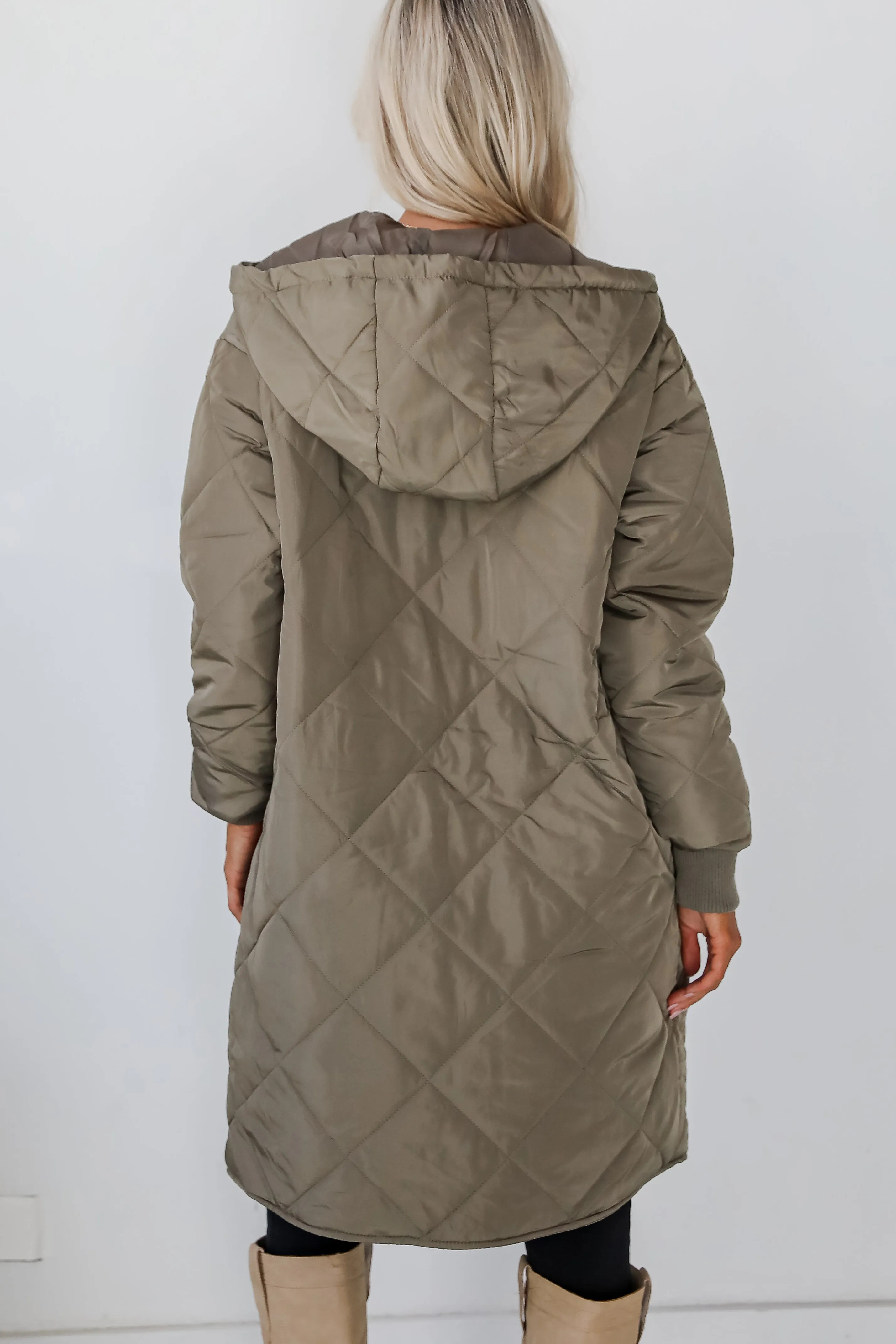 Elevated Season Olive Quilted Longline Hooded Jacket