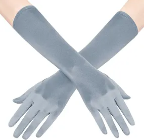 Fancydresswale hand Gloves for women for parties, long colourful satin hand cover 38 cm; Silver