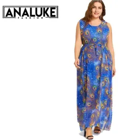 Feather Print Maxi Chiffon Dress