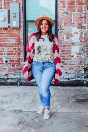 Fireside Striped Cardigan - Burgundy - S-3X