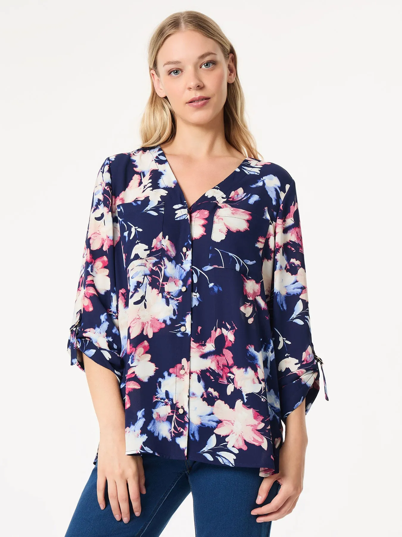 Floral Button-Front Collarless Tunic, Crepe De Chine