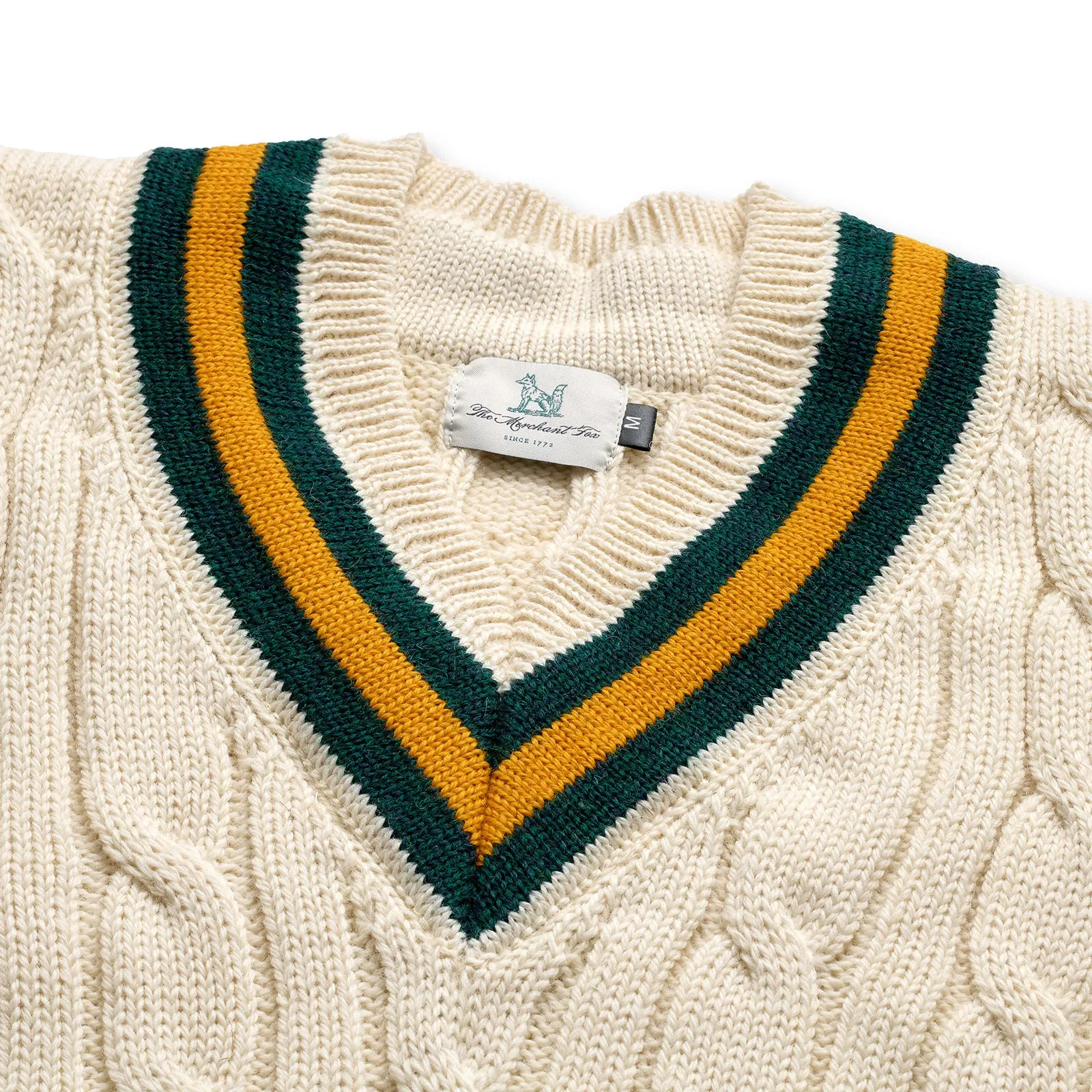 Fox Cricket Club Ecru Sweater with Green & Gold Stripes