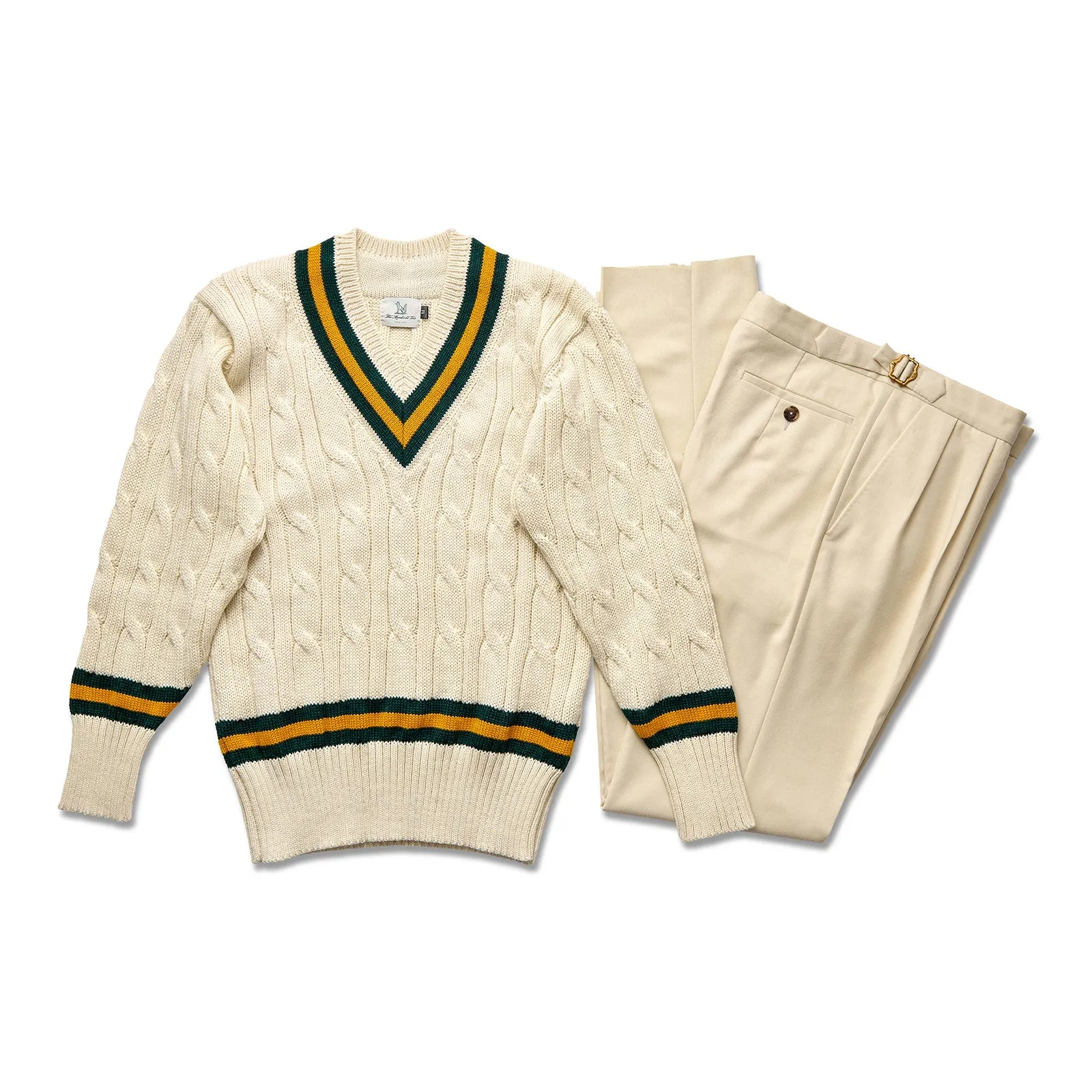 Fox Cricket Club Ecru Sweater with Green & Gold Stripes