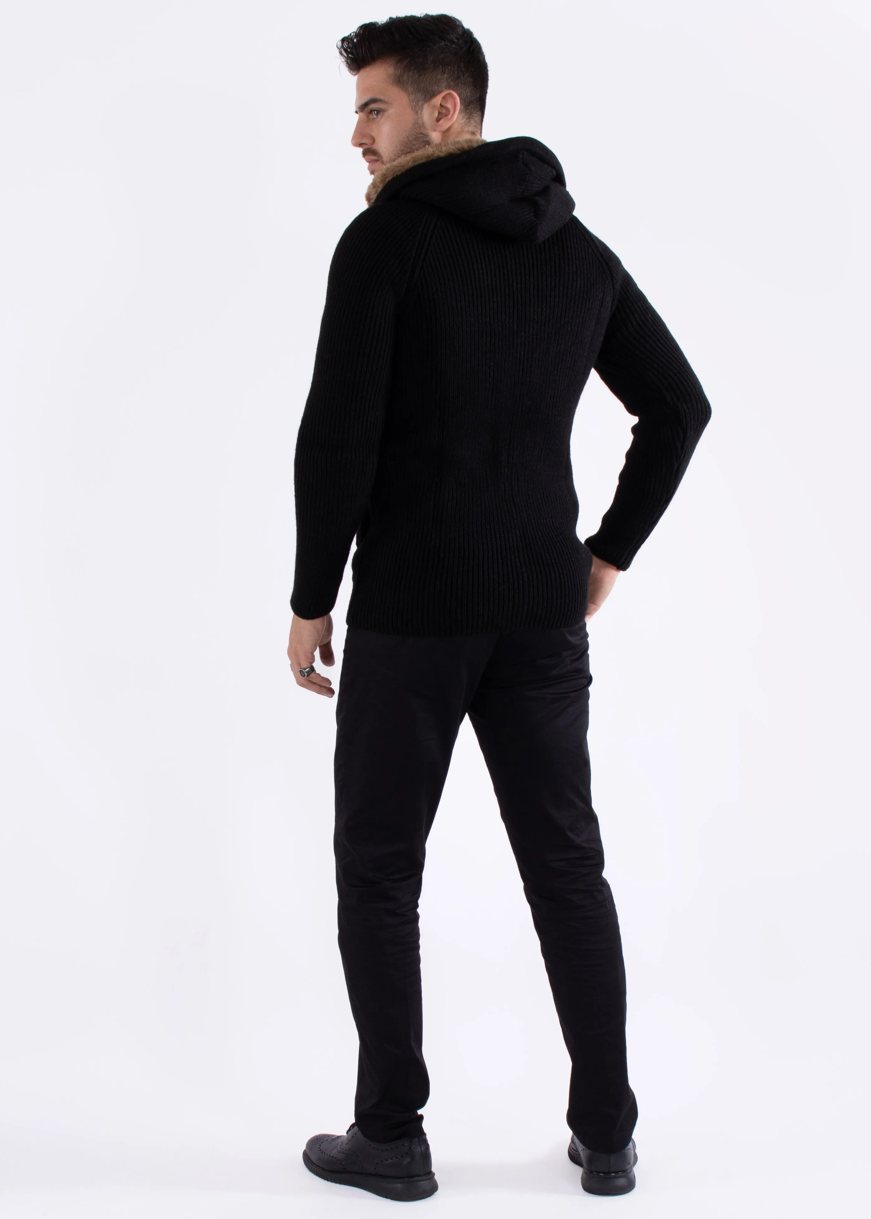 Full Zip Cable Knit Fur Hood Sweater Black