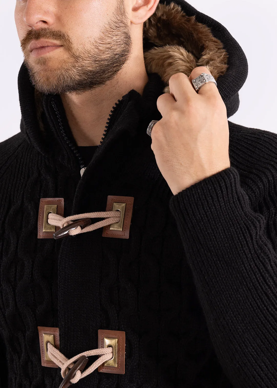 Full Zip Cable Knit Fur Hood Sweater Black