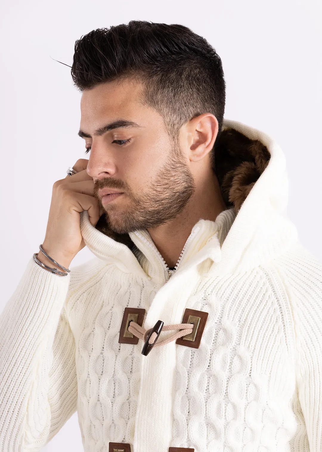 Full Zip Cable Knit Fur Hood Sweater White