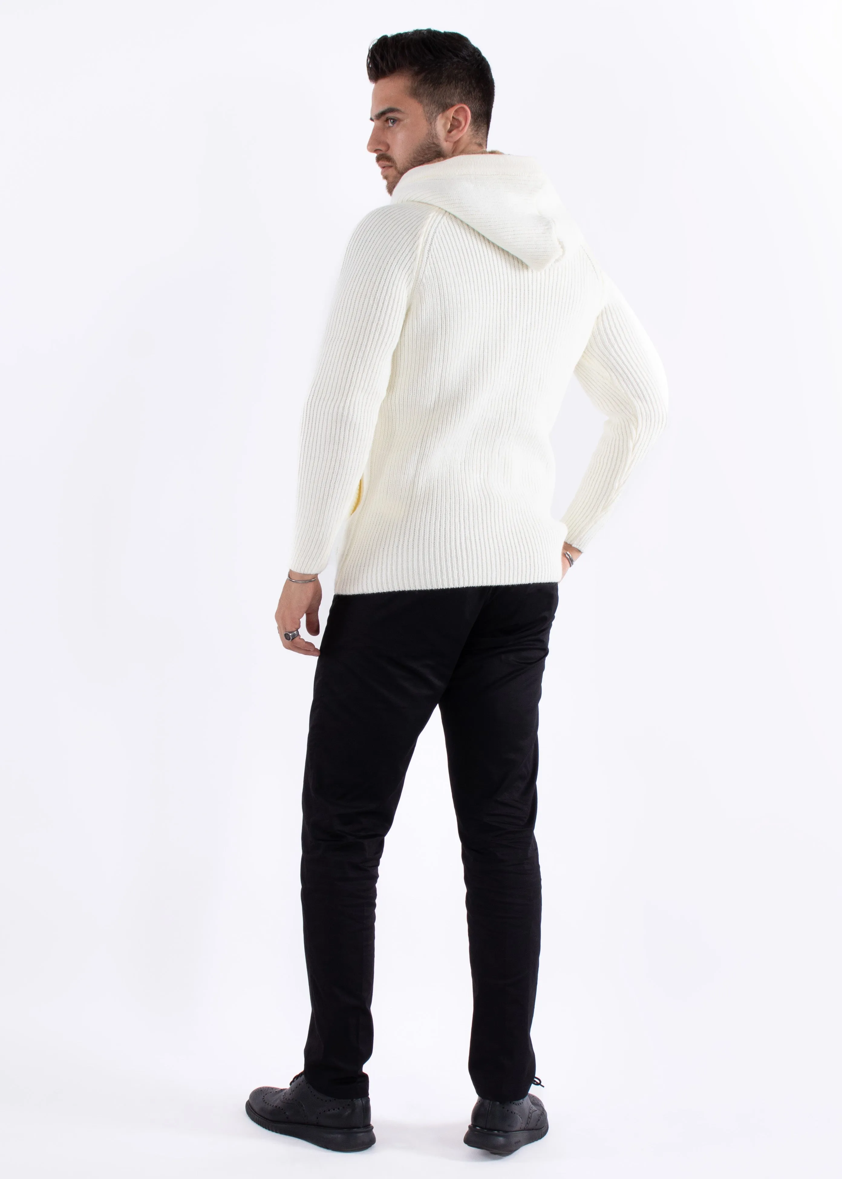 Full Zip Cable Knit Fur Hood Sweater White