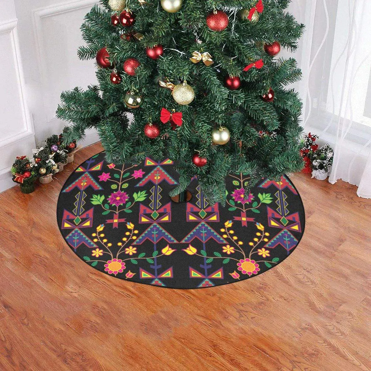 Geometric Floral Spring-Black Christmas Tree Skirt 47" x 47"