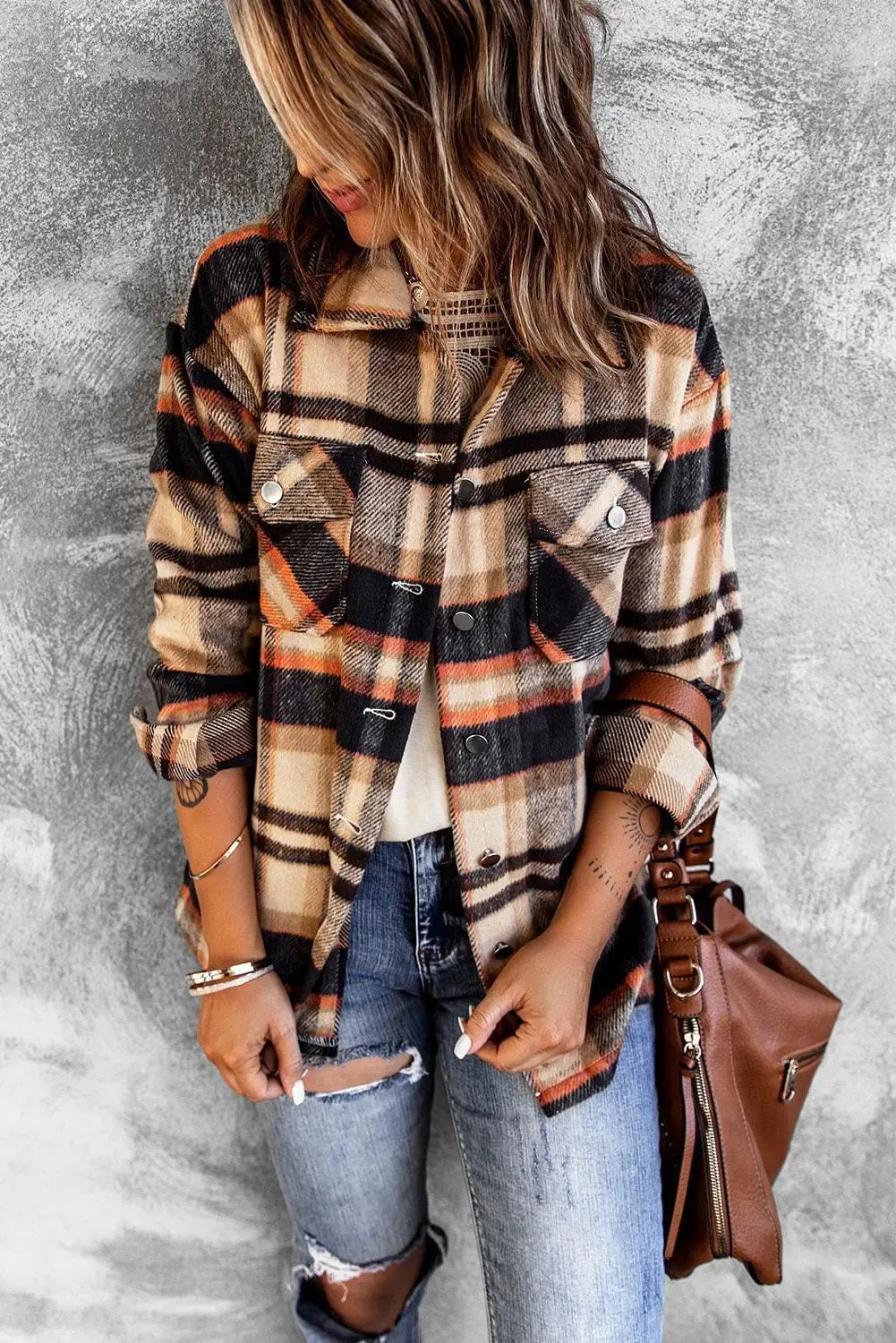 Geometric Plaid Print Pocketed Shirt