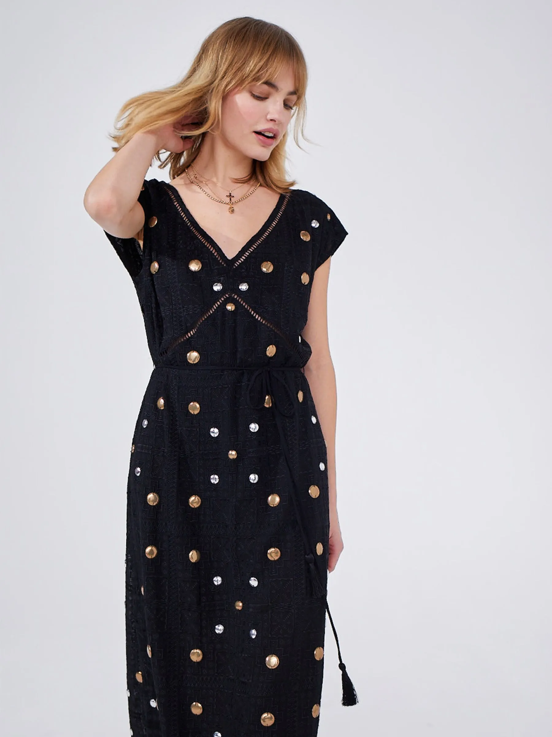 Gitana Embroidered V Neck Slip Dress Black