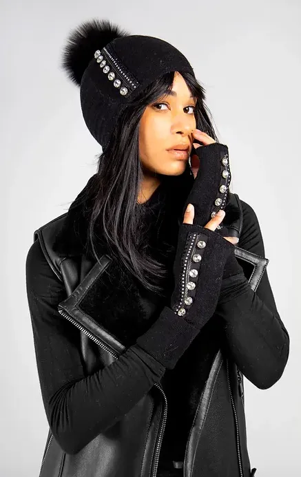 GLIM80 - Knit Fingerless Gloves w/ Zipper and Crystals