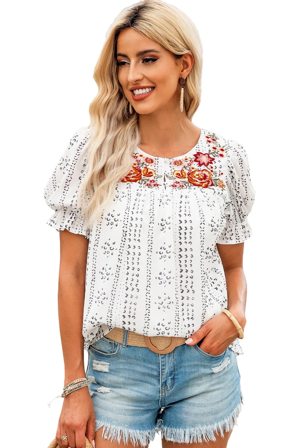 Gothic Outlaws White Floral Embroidered Ethnic Printed Crinkle Blouse – Because Your Wardrobe Deserves a Touch of Magic