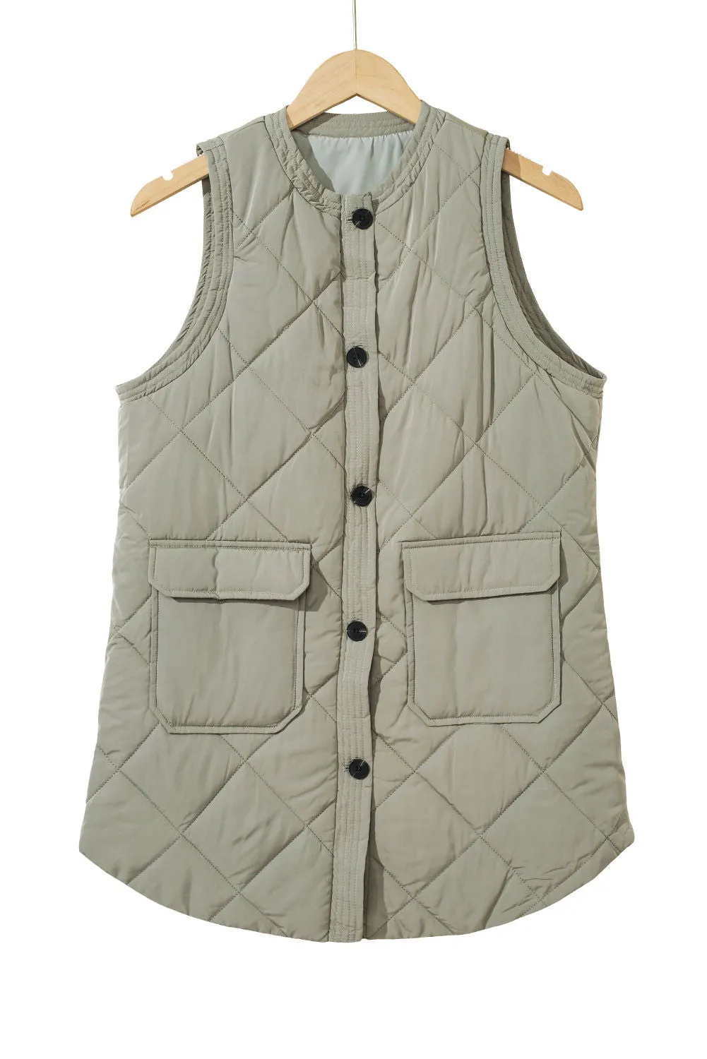 Grass Green Thermal Quilted Pockets Vest Coat