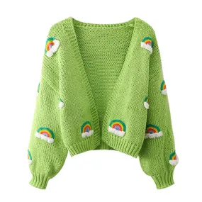 Handmade Chunky Knit Tops Women Fashion Cropped Knitted Cardigan Sweater 90s Rainbow Streetwear C-048