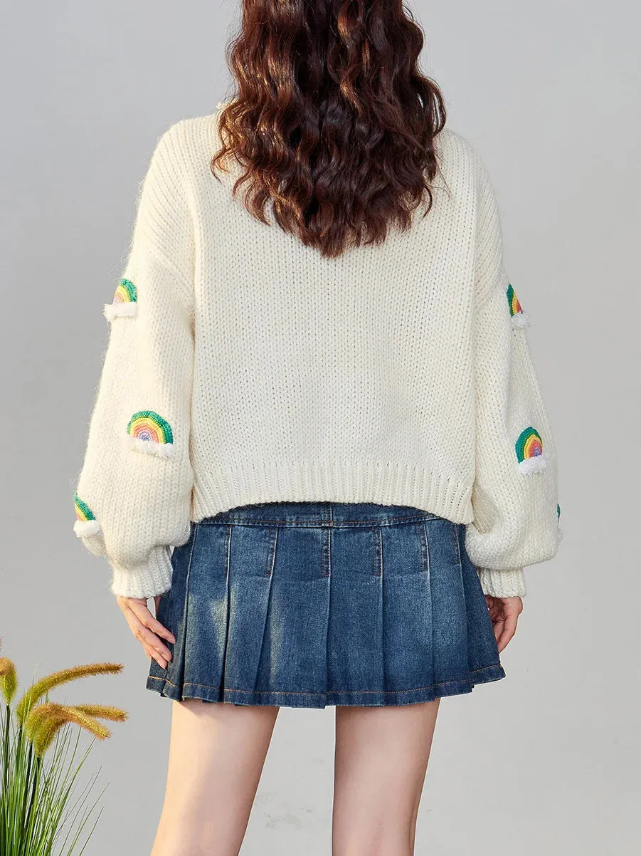 Handmade Chunky Knit Tops Women Fashion Cropped Knitted Cardigan Sweater 90s Rainbow Streetwear C-048