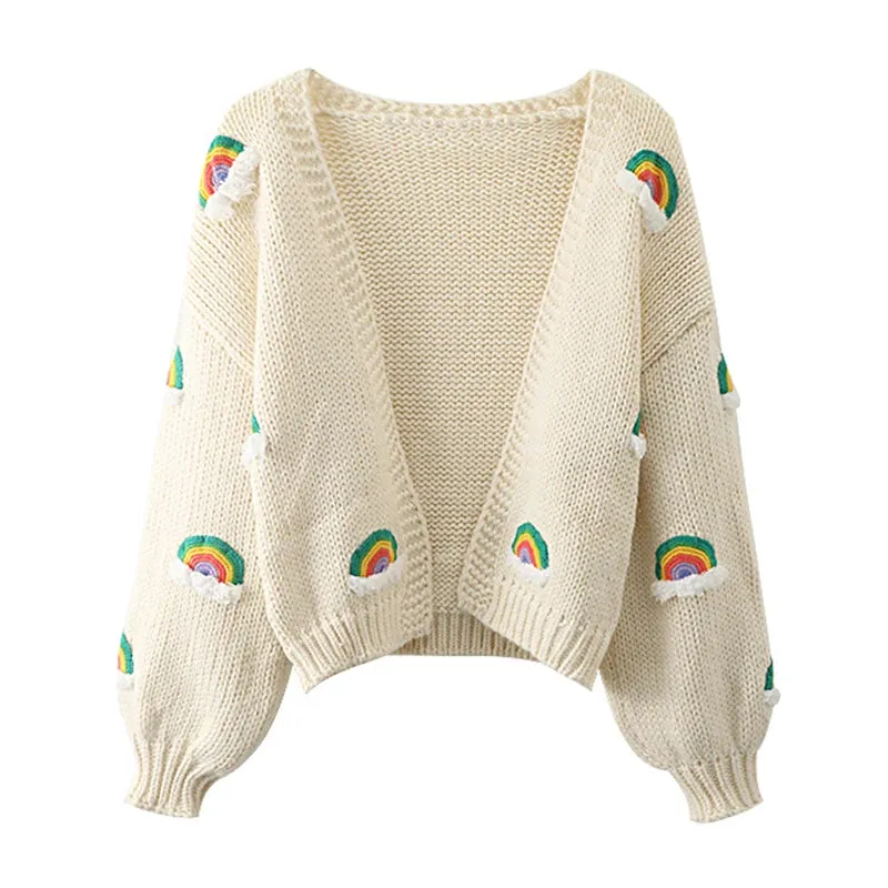 Handmade Chunky Knit Tops Women Fashion Cropped Knitted Cardigan Sweater 90s Rainbow Streetwear C-048