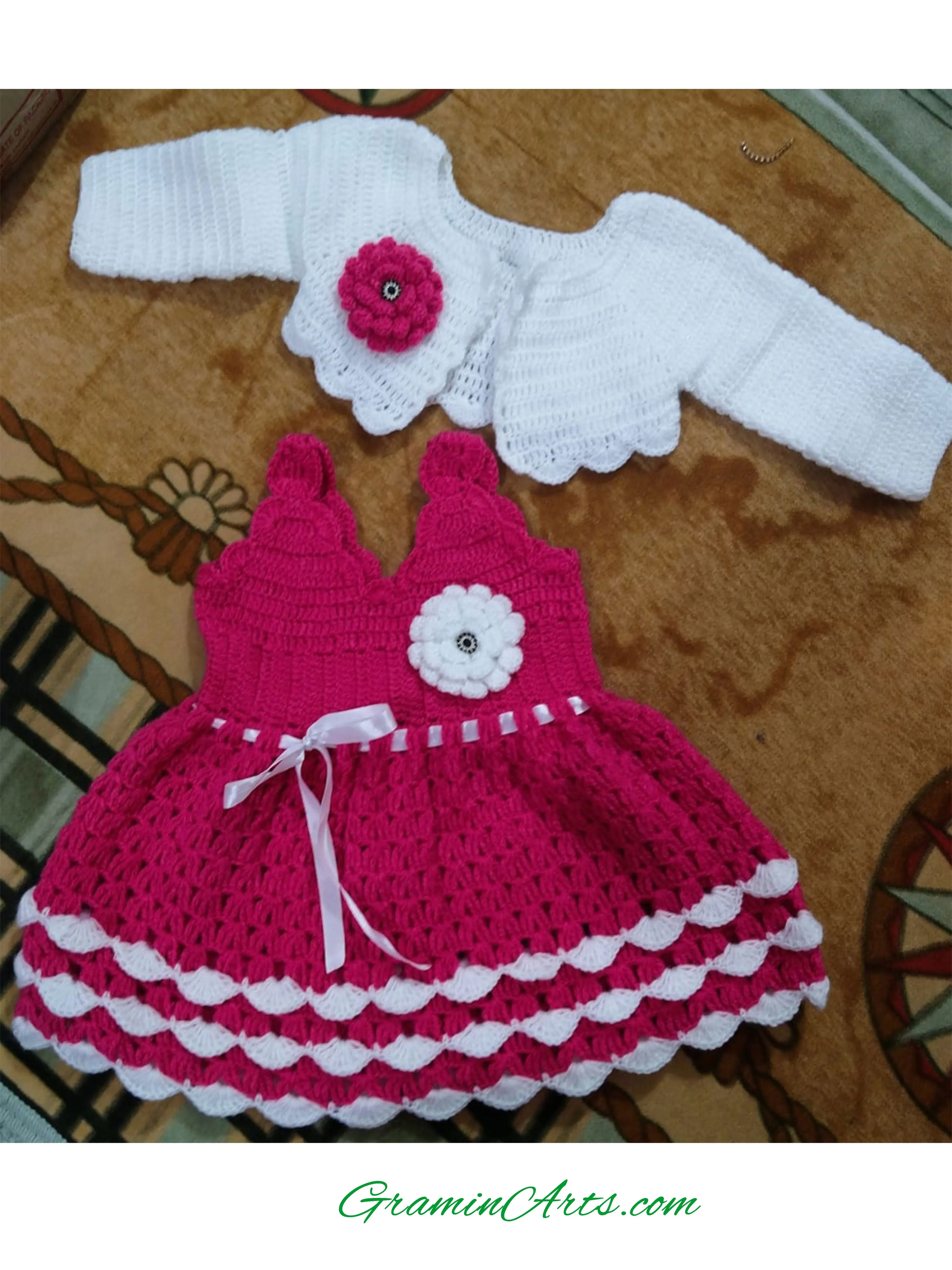 Handmade Woolen New Latest Design Frock With Short Cardigan For Little One - Violet Red & White