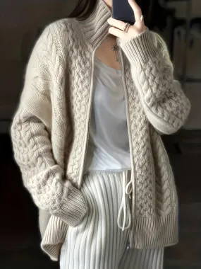 High Neck CableKnit ZipUp Cardigan for Plus Size Women