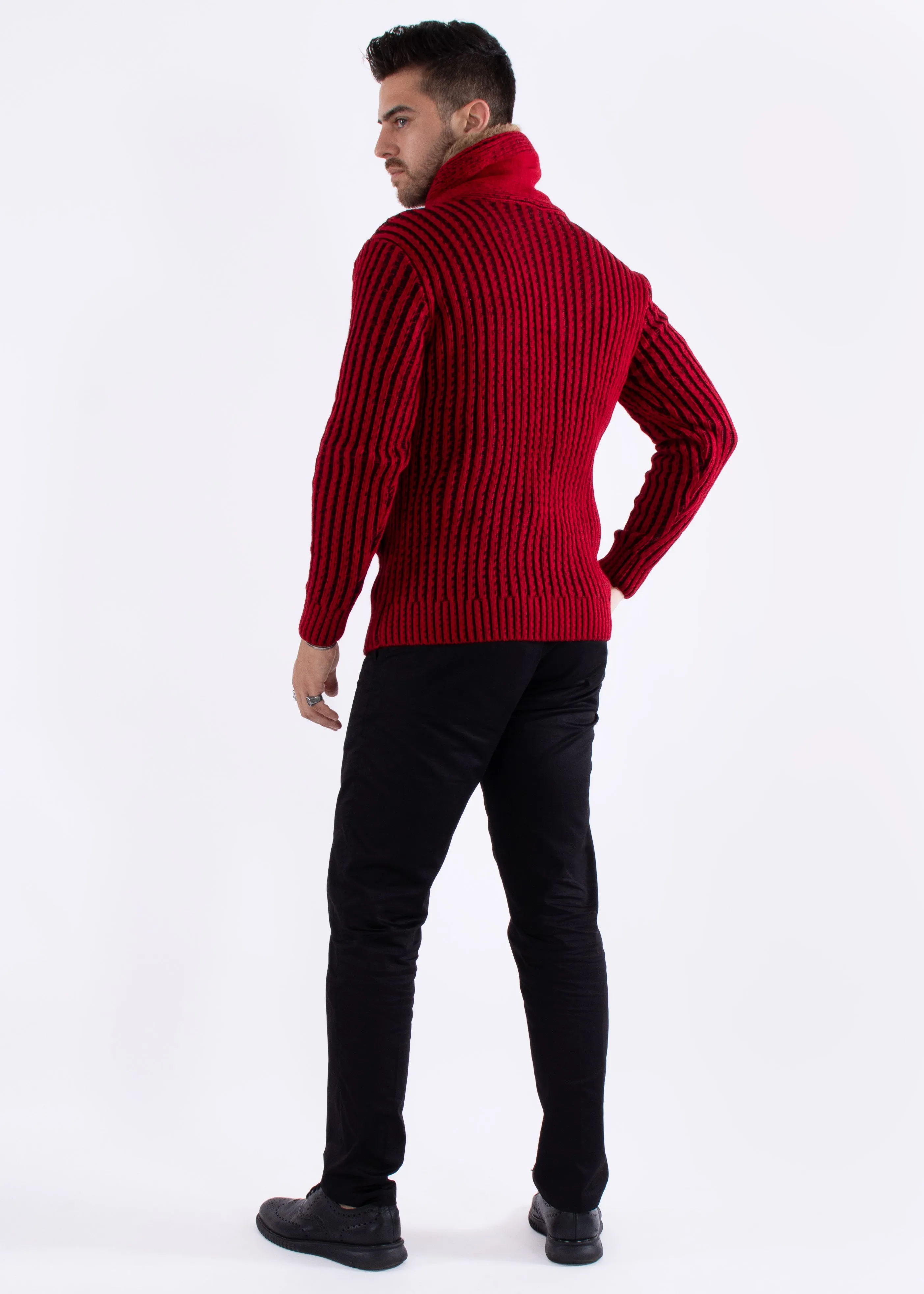 High-Neck Fur Lined Pullover Sweater Red