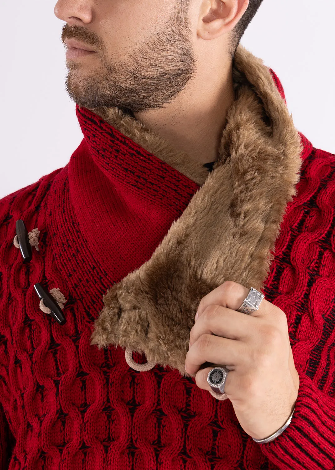 High-Neck Fur Lined Pullover Sweater Red