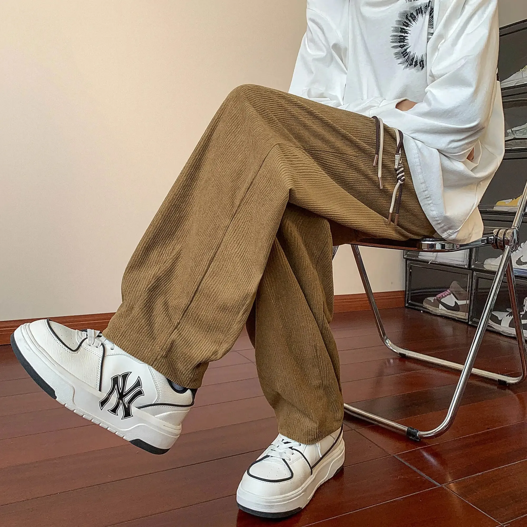 Ilooove - Loose Brown Corduroy Pants Men Elastic Waist Soft Korean Style Solid Print Wide Leg Pants Streetwear Male Drawstring Trousers