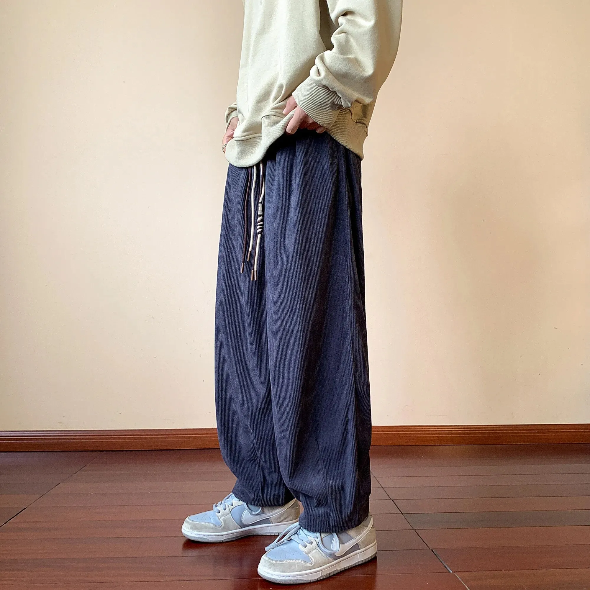 Ilooove - Loose Brown Corduroy Pants Men Elastic Waist Soft Korean Style Solid Print Wide Leg Pants Streetwear Male Drawstring Trousers