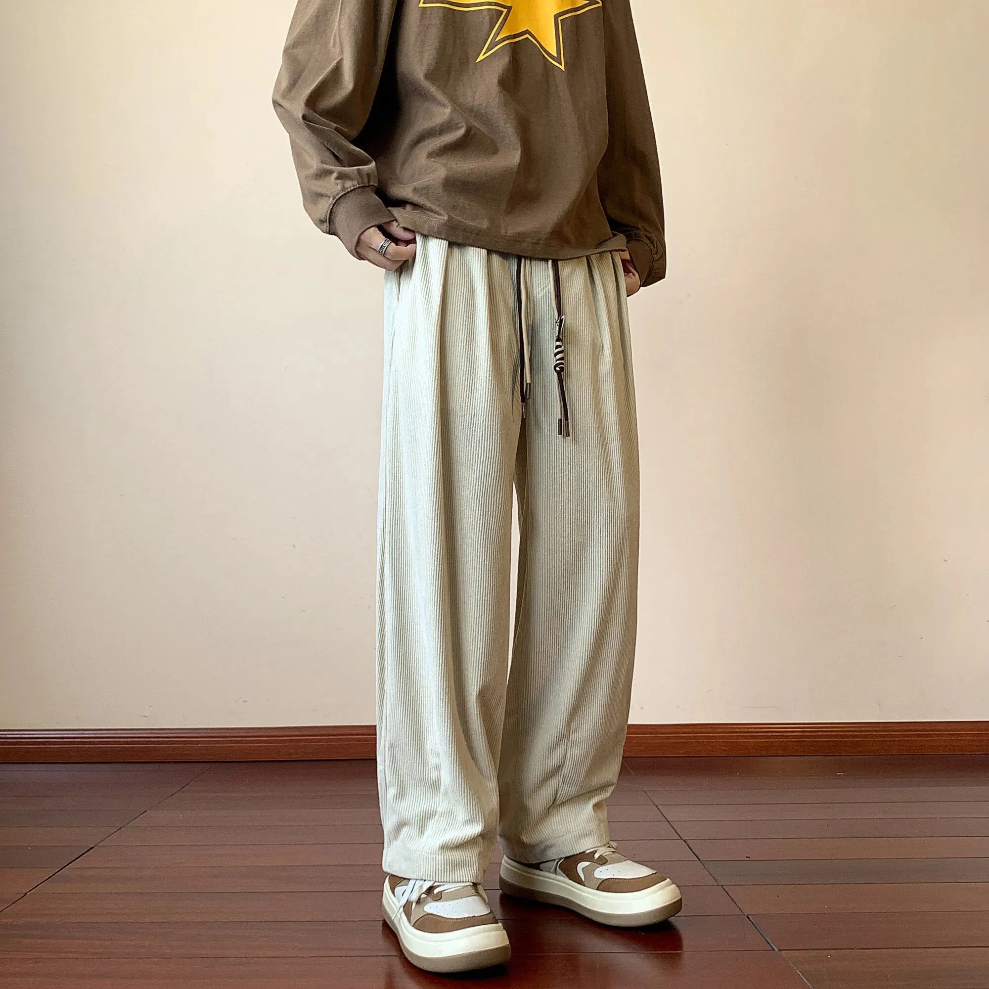 Ilooove - Loose Brown Corduroy Pants Men Elastic Waist Soft Korean Style Solid Print Wide Leg Pants Streetwear Male Drawstring Trousers