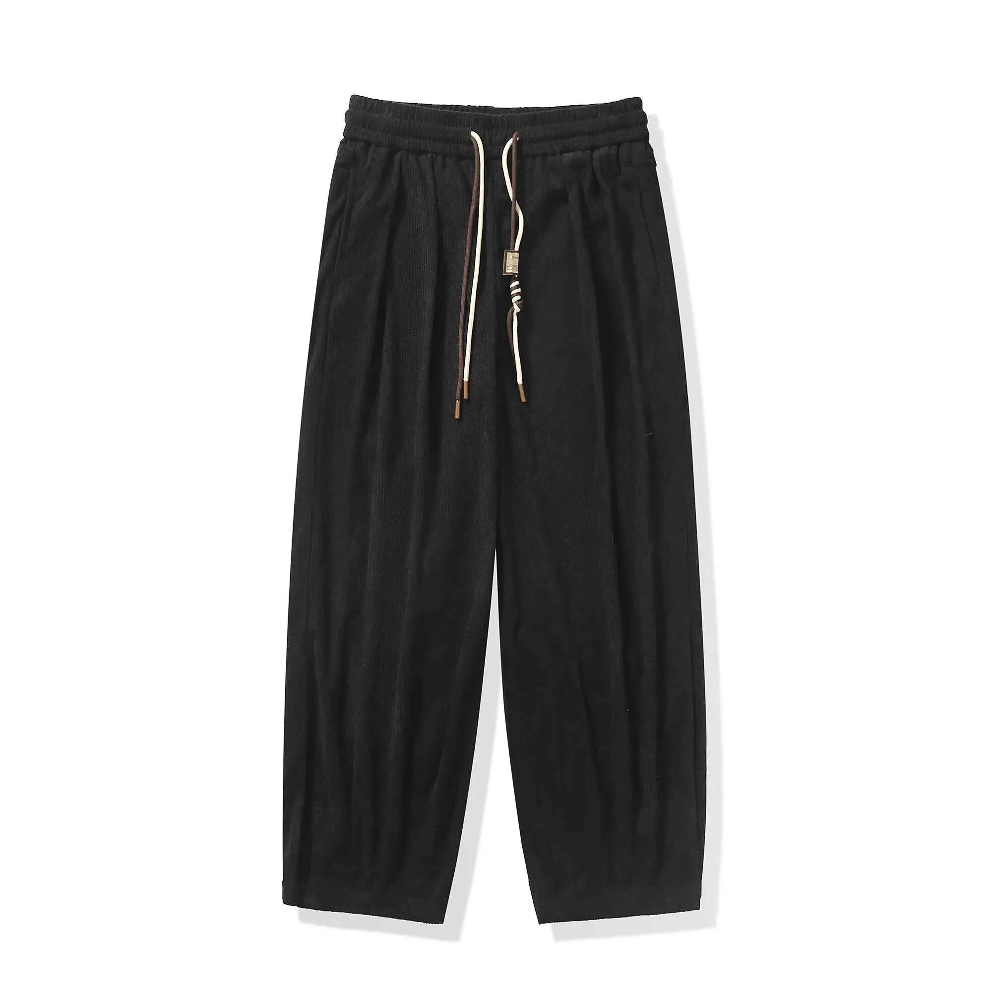 Ilooove - Loose Brown Corduroy Pants Men Elastic Waist Soft Korean Style Solid Print Wide Leg Pants Streetwear Male Drawstring Trousers