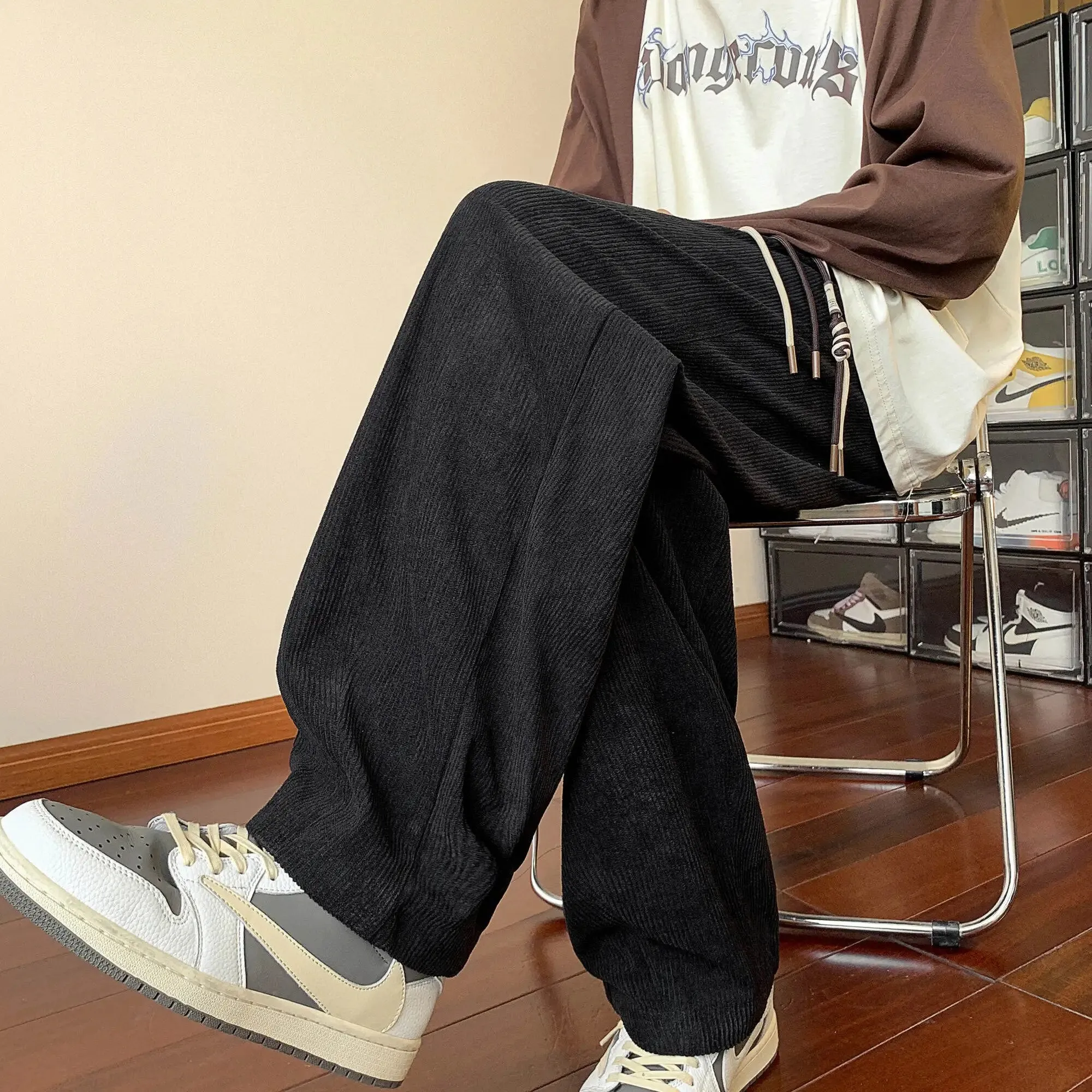 Ilooove - Loose Brown Corduroy Pants Men Elastic Waist Soft Korean Style Solid Print Wide Leg Pants Streetwear Male Drawstring Trousers