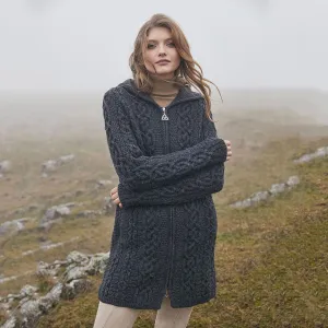 Irish Aran Cable Hooded Cardigan with Zip for Women