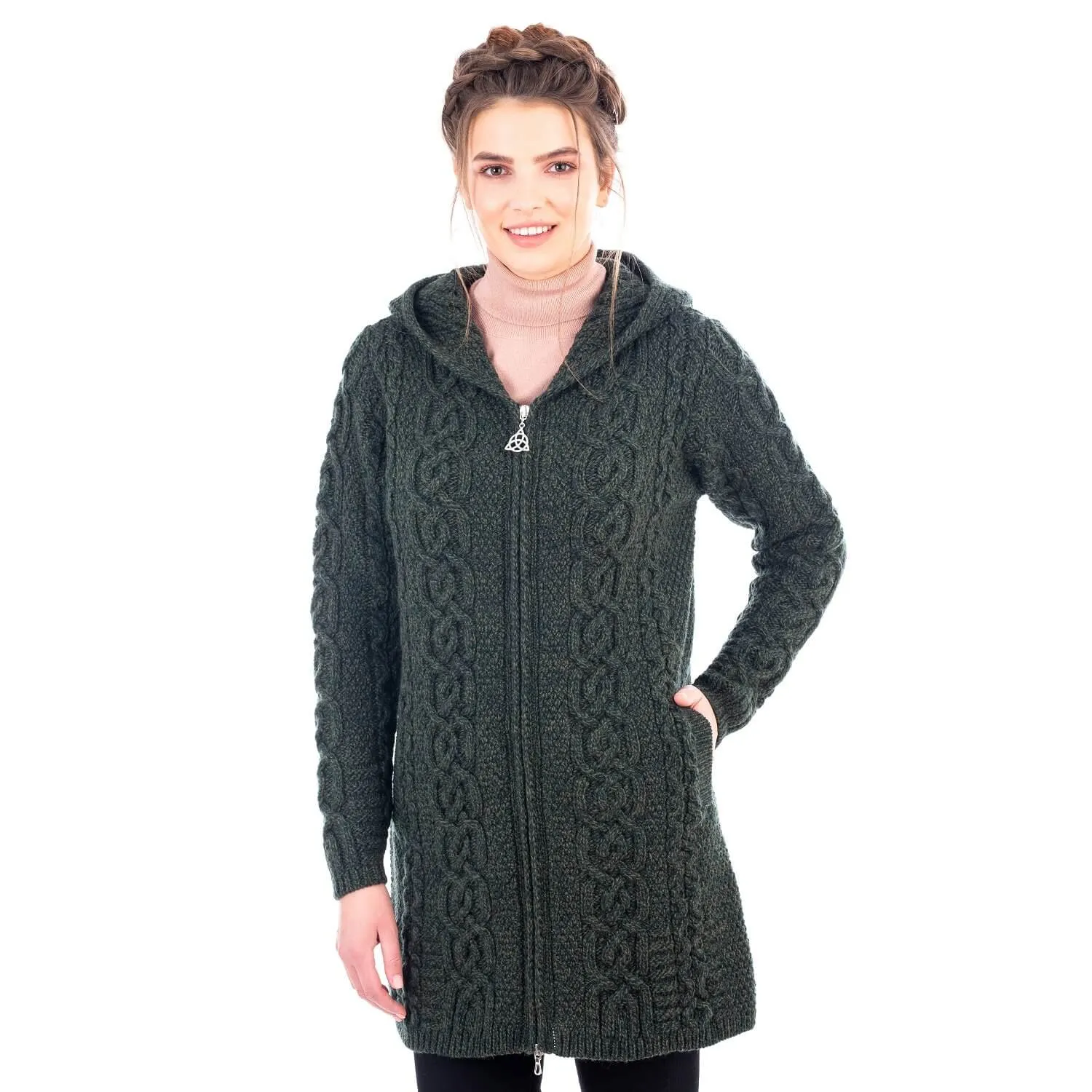 Irish Aran Cable Hooded Cardigan with Zip for Women