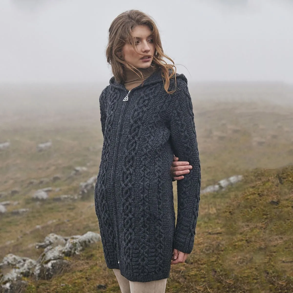 Irish Aran Cable Hooded Cardigan with Zip for Women