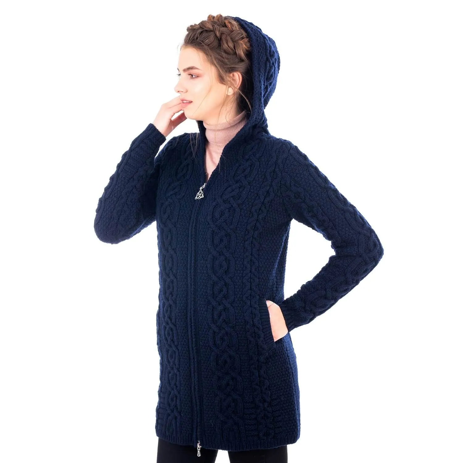 Irish Aran Cable Hooded Cardigan with Zip for Women