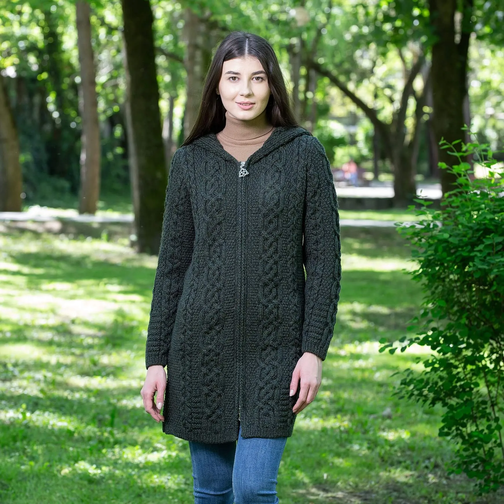 Irish Aran Cable Hooded Cardigan with Zip for Women