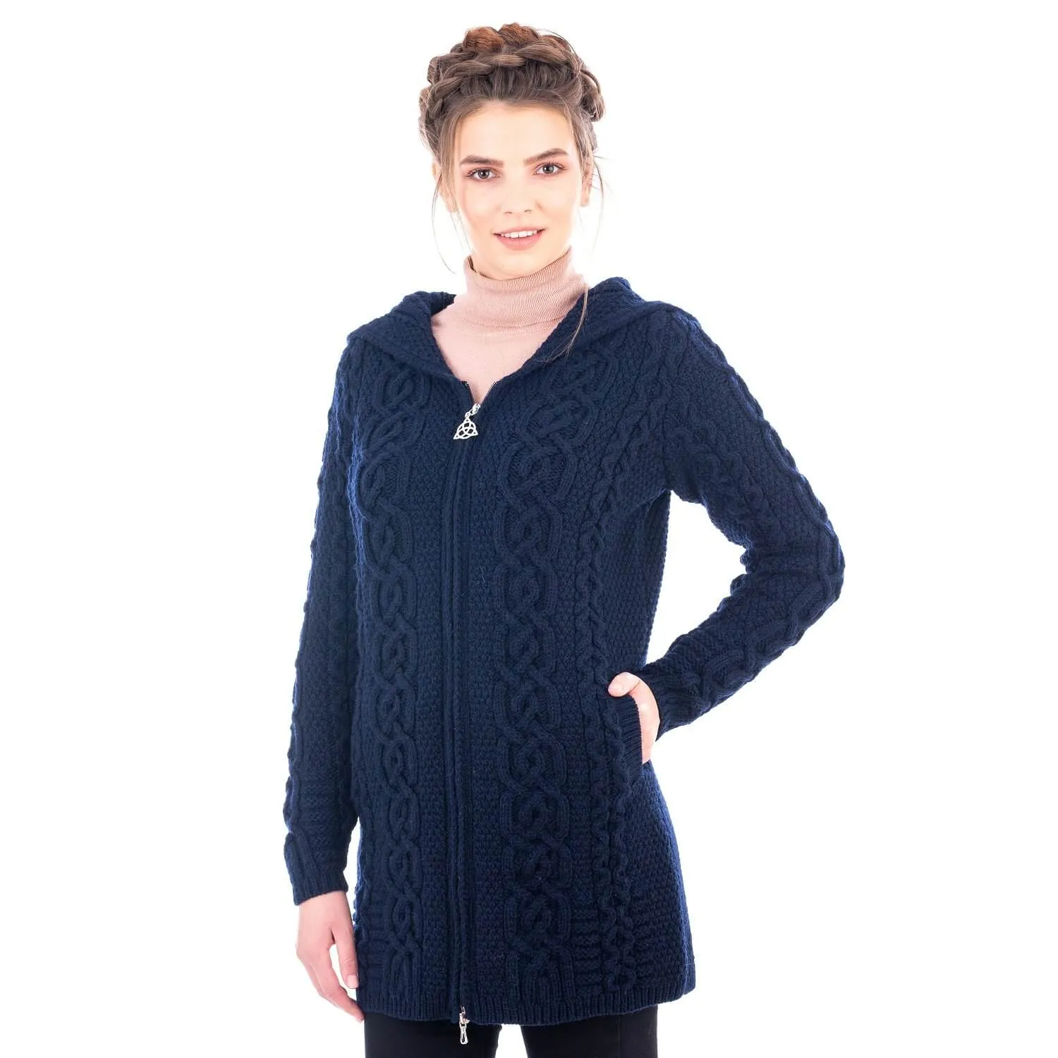 Irish Aran Cable Hooded Cardigan with Zip for Women