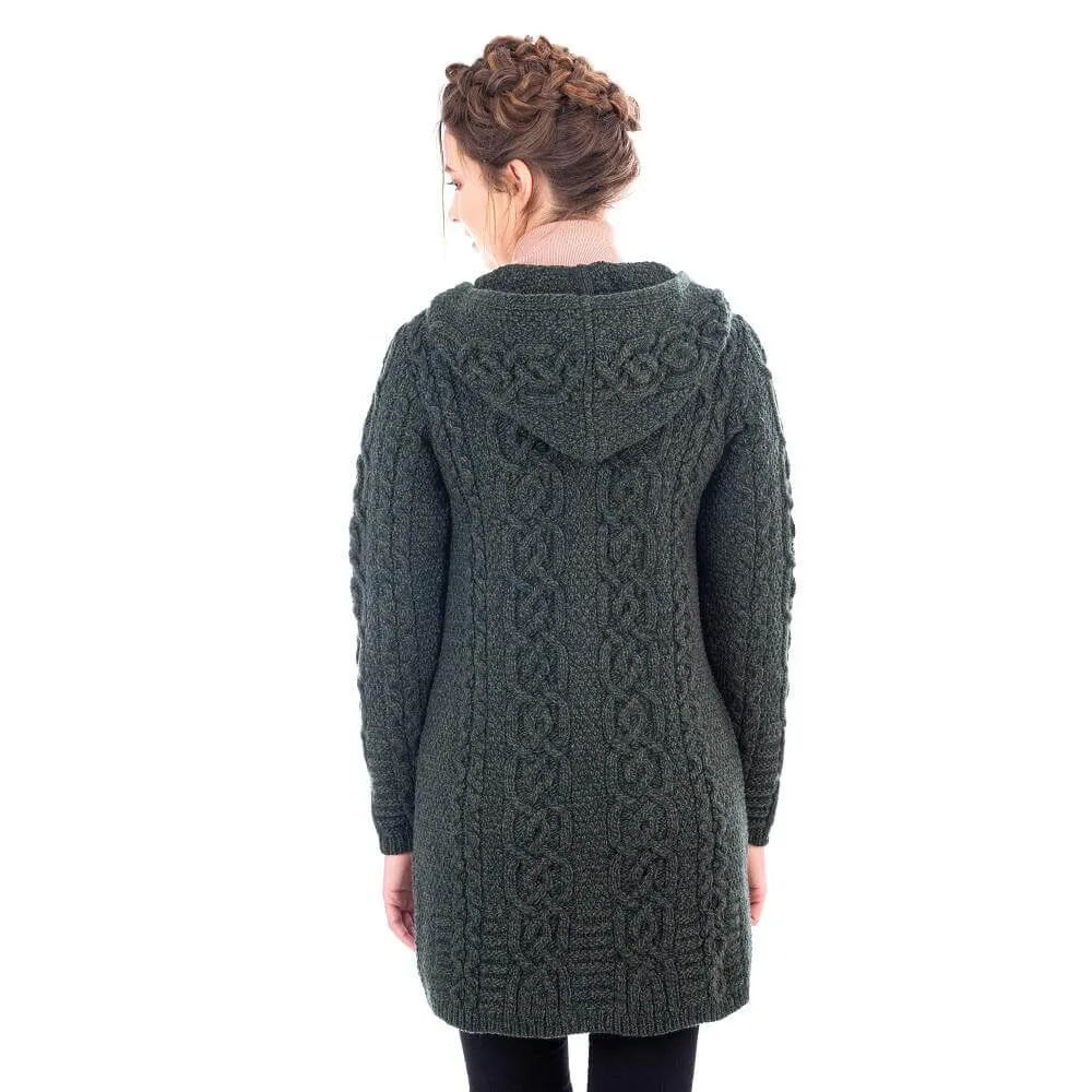 Irish Aran Cable Hooded Cardigan with Zip for Women