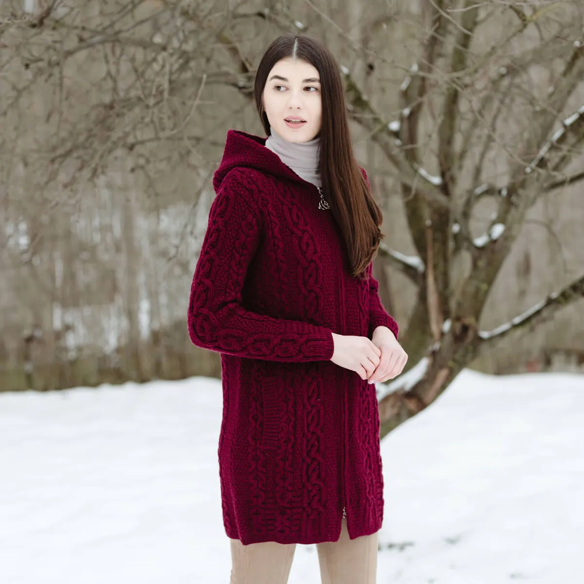 Irish Aran Cable Hooded Cardigan with Zip for Women