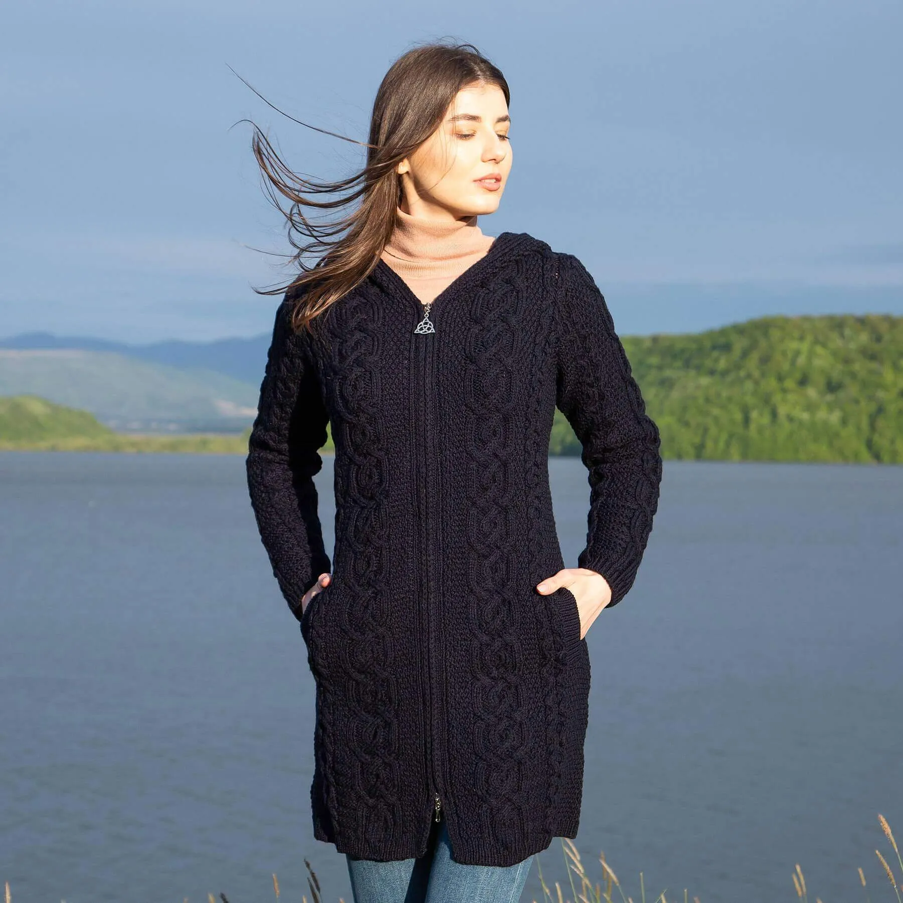 Irish Aran Cable Hooded Cardigan with Zip for Women